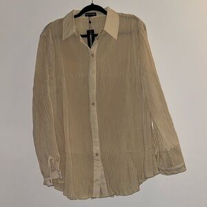 PrettyLittleThing Cream Plisse Button Front Oversized Shirt Large NWT